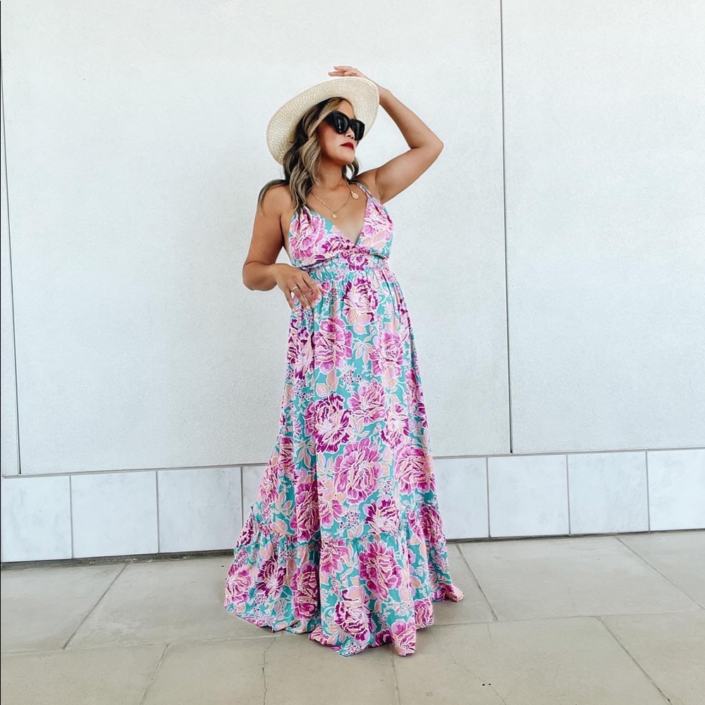 floral maxi dress - deep neckline, smocked waist, cutout back with tie